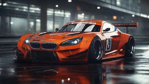 Rain-slicked orange racer crouches low, hunting midnight laps