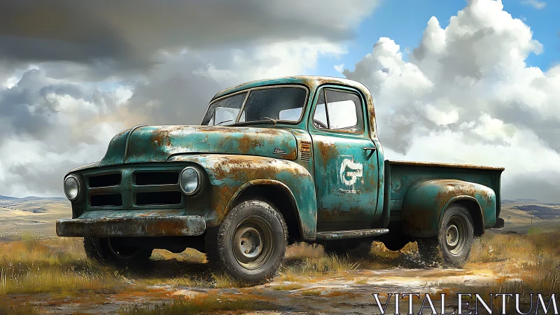 Rusty turquoise pickup truck parked in open rural landscape.