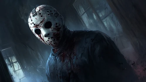 Hockey mask phantom stalks a rotting cabin of cold dread.