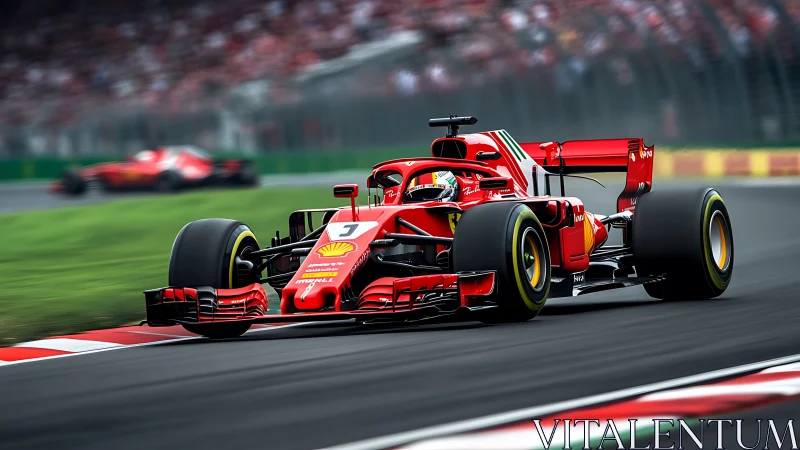 Red Formula 1 car powerfully attacks a fast circuit corner.