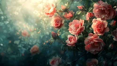 Garden roses with layered petals in warm-cool atmospheric composition.