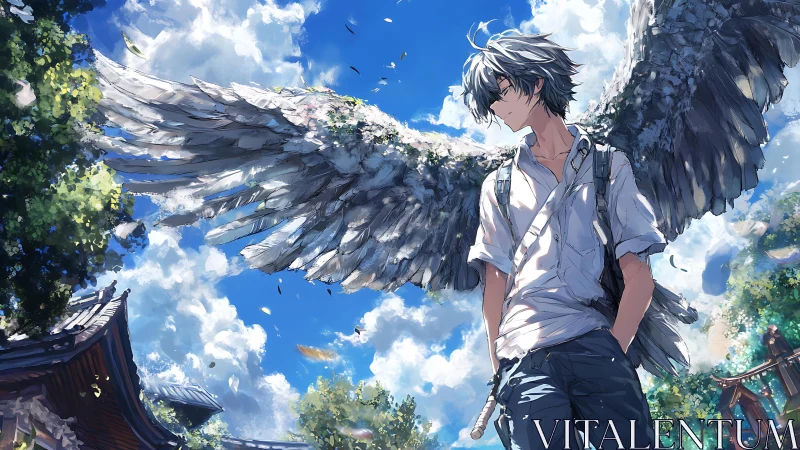 Winged youth stands beneath dynamic sky in luminous anime tableau