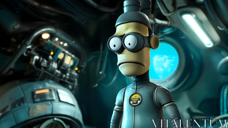 Cartoon robot worker stands in cramped sci fi control room.