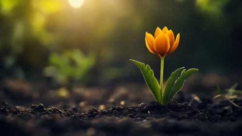 Golden tulip bloom rises from rich soil at sunrise