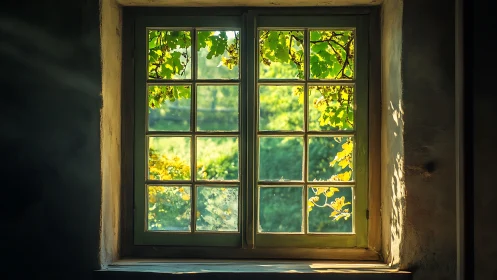 Sunlit country window welcomes lush green garden views