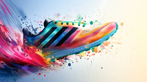 Dynamic multicolor running shoe with paint explosion effect.