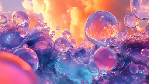 Prismatic glass orbs drift above neon foaming waves.