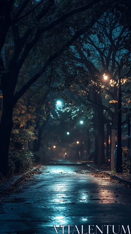 Rain-slicked park avenue reflects moody nocturnal lamplight