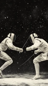High-contrast monochrome fencing duel in suspended mid-lunge.