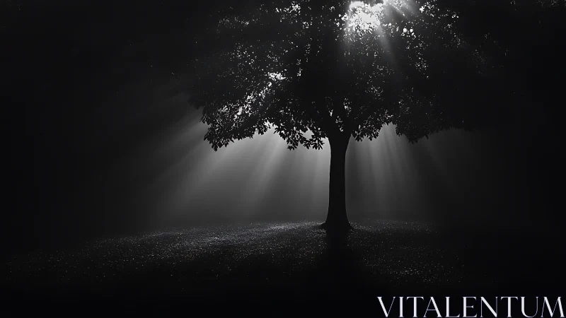 Solitary backlit tree with dramatic radial god rays in mist.