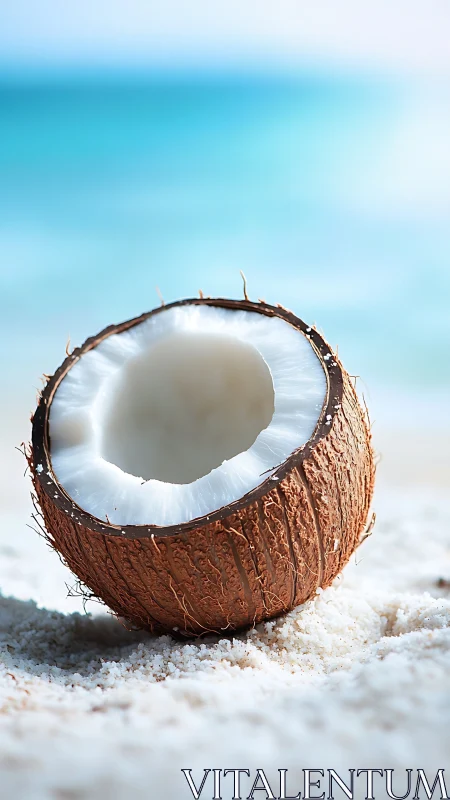 Halved coconut rests on sunlit sand before turquoise sea