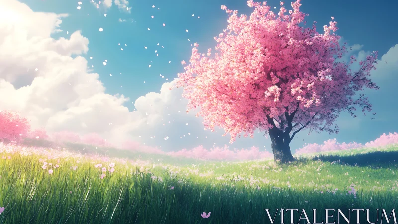 Solitary cherry blossom tree on luminous spring meadow