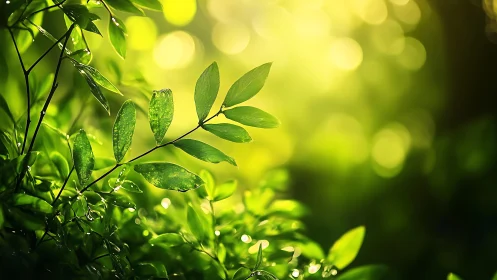 Backlit dew-covered leaves form a luminous botanical study