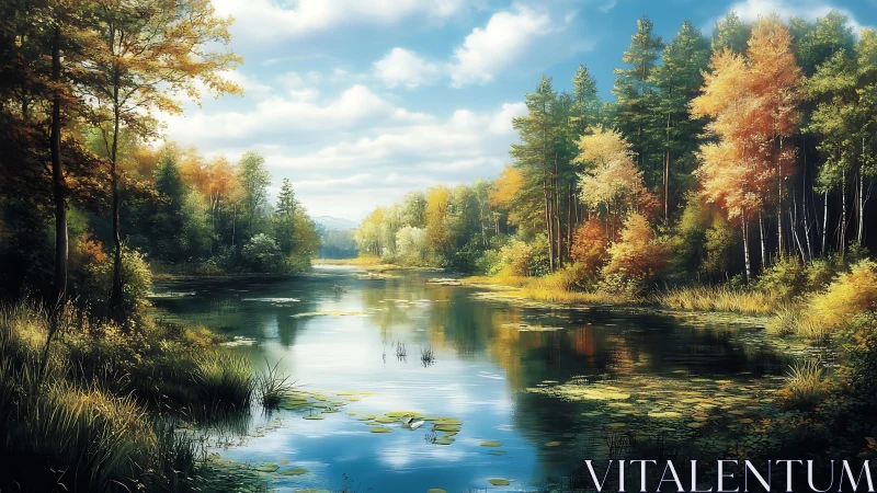 Serene forest lake under soft autumn daylight rendering.