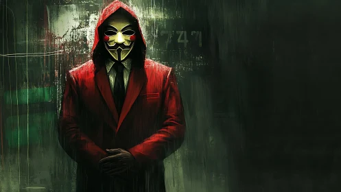 Masked figure in red hooded suit within digital gloom.