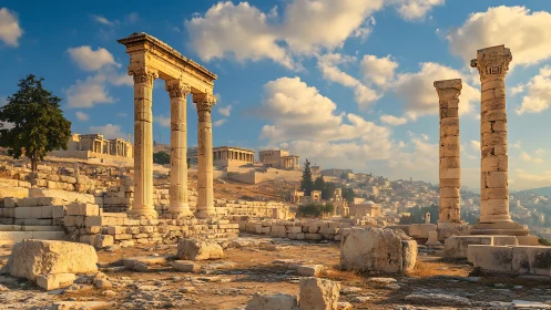 Ancient stone columns and urban hillside under soft daylight.