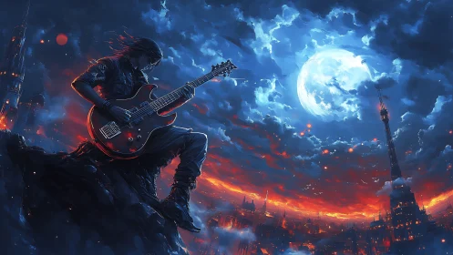 Moonlit rock guitarist ignites a stormlit cyberpunk skyline.