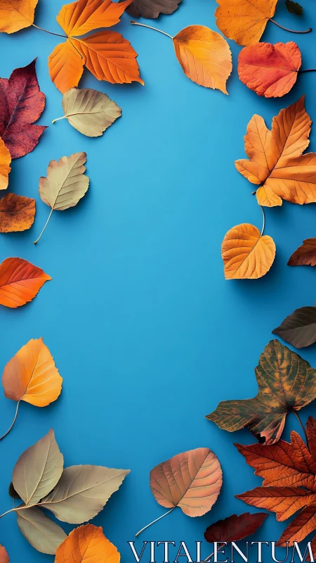 Autumn leaves frame circling vivid blue background border.