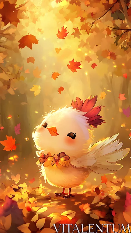 Autumn Chick Surrounded by Falling Leaves and Golden Light