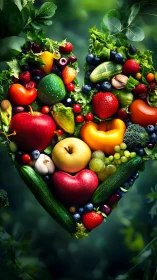 Colorful heart of fruits and vegetables glows with freshness.