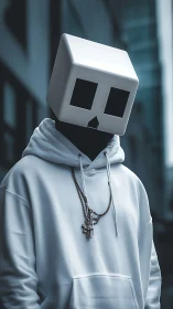 Geometric cube-headed figure in urban hoodie portrait shot.