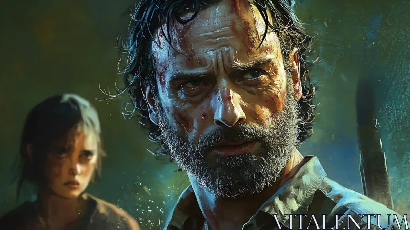 Wounded bearded survivor stares ahead in tense close-up.