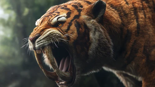 Saber-toothed tiger roars in lush prehistoric jungle light.