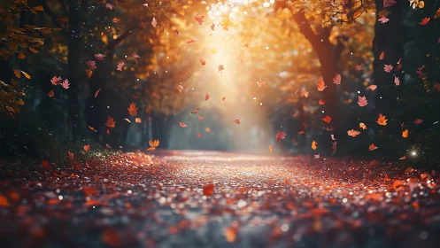Sunlit forest path glows while autumn leaves drift slowly