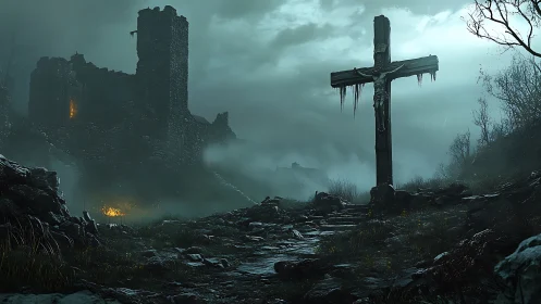 Stormlit crucifix stands before a ruined fortress at dusk.