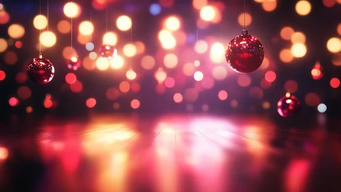 Red glass ornaments suspended over luminous bokeh floor.
