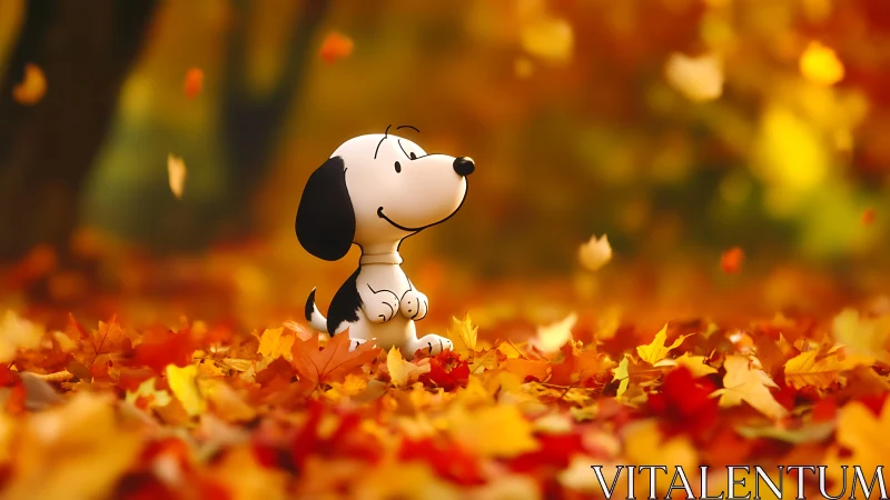 Cartoon beagle amid bokeh-blurred autumn foliage carpet.