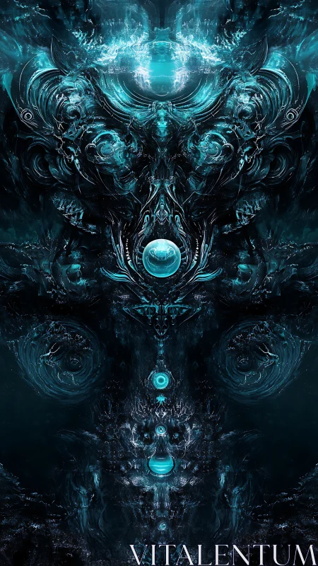 Symmetric alien visage forms from luminous cyan fractal depths
