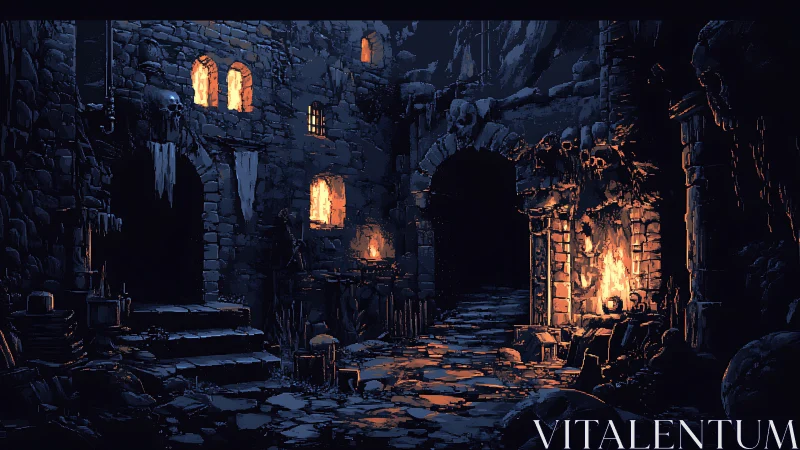 Medieval stone dungeon corridor with firelit chambers.