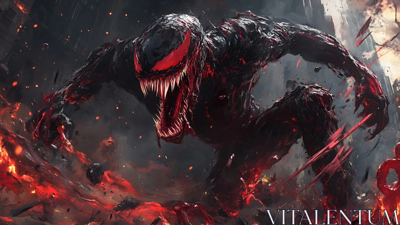 Molten-jawed symbiote lunges through a storm of burning rubble