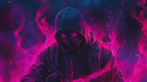 Neon-masked hooded figure in magenta plasma flame vortex