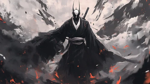 Masked robed swordsman stands amid abstract smoke and embers