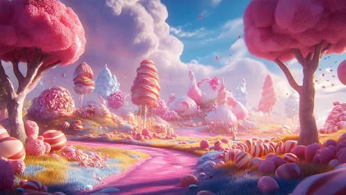Fantastical candy landscape with towering confectionery structures and vibrant atmospheric hues.