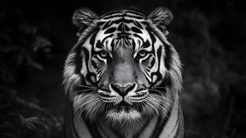 Monochrome frontal portrait shows tiger in high contrast lighting