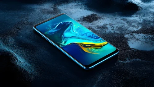 Sleek modern smartphone on artistic blue textured surface, digital art.