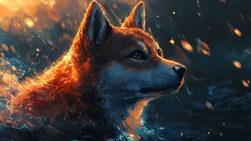 Fox swims through glowing water in dramatic evening light.