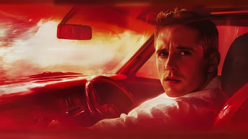 Driver looks back in a car flooded with intense red light