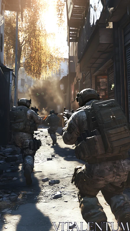 Military squad advances through damaged urban alleyway.