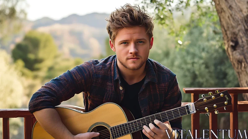 Sunlit acoustic guitarist on rustic outdoor balcony.