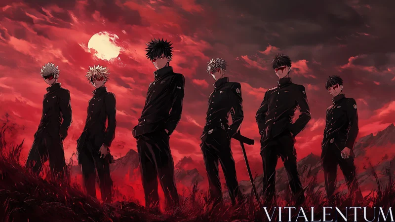 Group of anime students under blood red night sky.