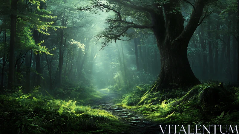 Misty Forest Path Through Ancient Trees and Verdant Growth