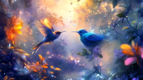 Bioluminescent blue songbirds in ethereal twilight garden