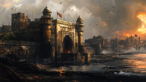 Stormlit coastal fortress rendered in dramatic digital chiaroscuro