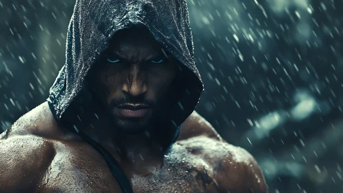 Storm-forged fighter glares through rain-soaked shadows.