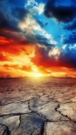 Photorealistic cracked desert under dramatic dual-tone sky.