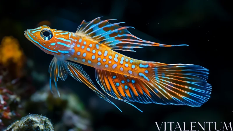 Brilliant reef fish glides through dark water in glowing color